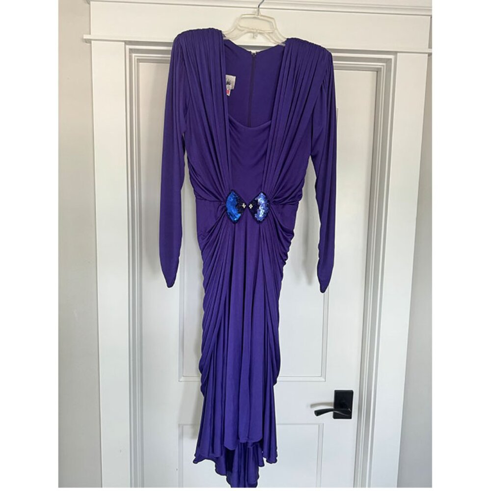 Tadashi 80s vintage Blue Coctail Dress Size 8 Draped, Ruched, sequin trim